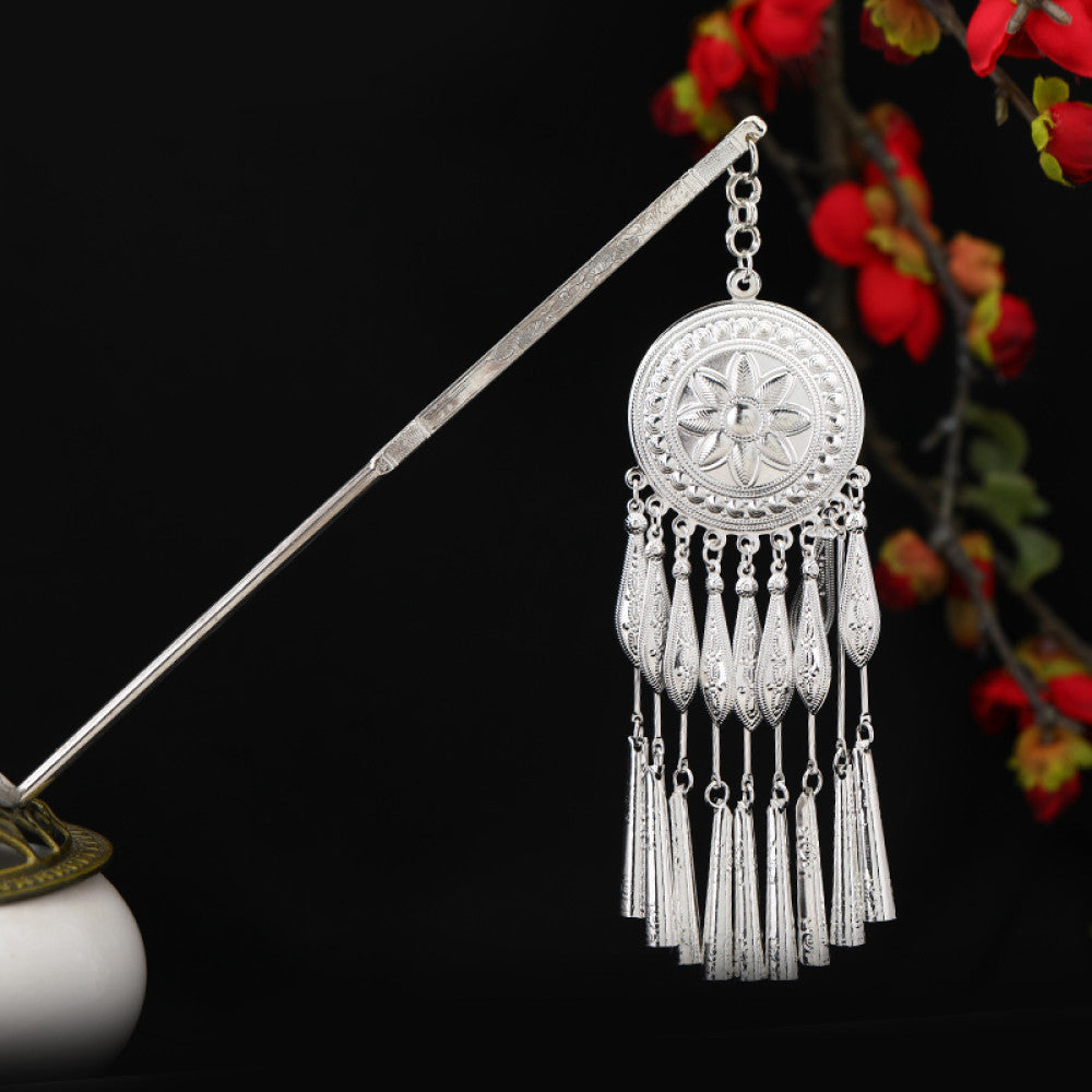 Boho vintage ethnic silver-tone hair stick featuring an intricate rooster-shaped charm, detailed decorative accents, and layered silver tassel pendants 12