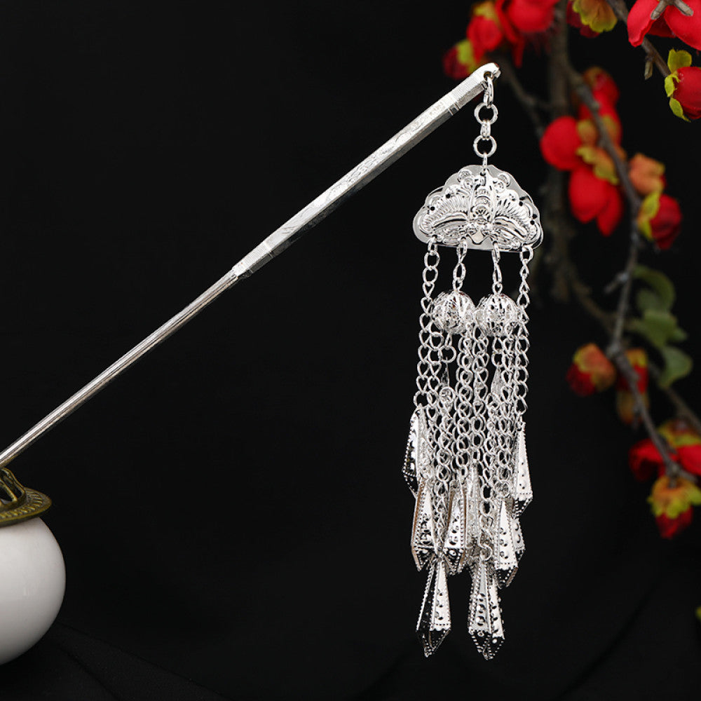 Boho vintage ethnic silver-tone hair stick featuring an intricate rooster-shaped charm, detailed decorative accents, and layered silver tassel pendants 13