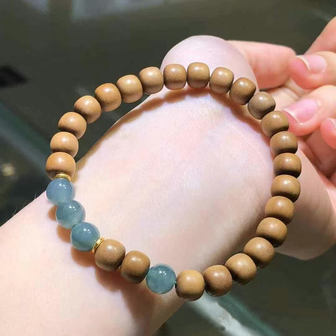 Wooden bead bracelet, boho blue accent bead bracelet