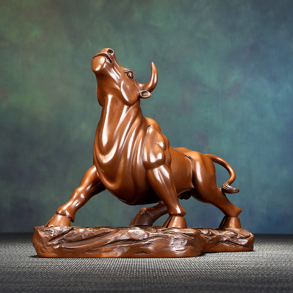 Bronze bull statue with a powerful stance, a Feng Shui symbol of strength and good fortune, displayed as elegant home decor against a textured background 02