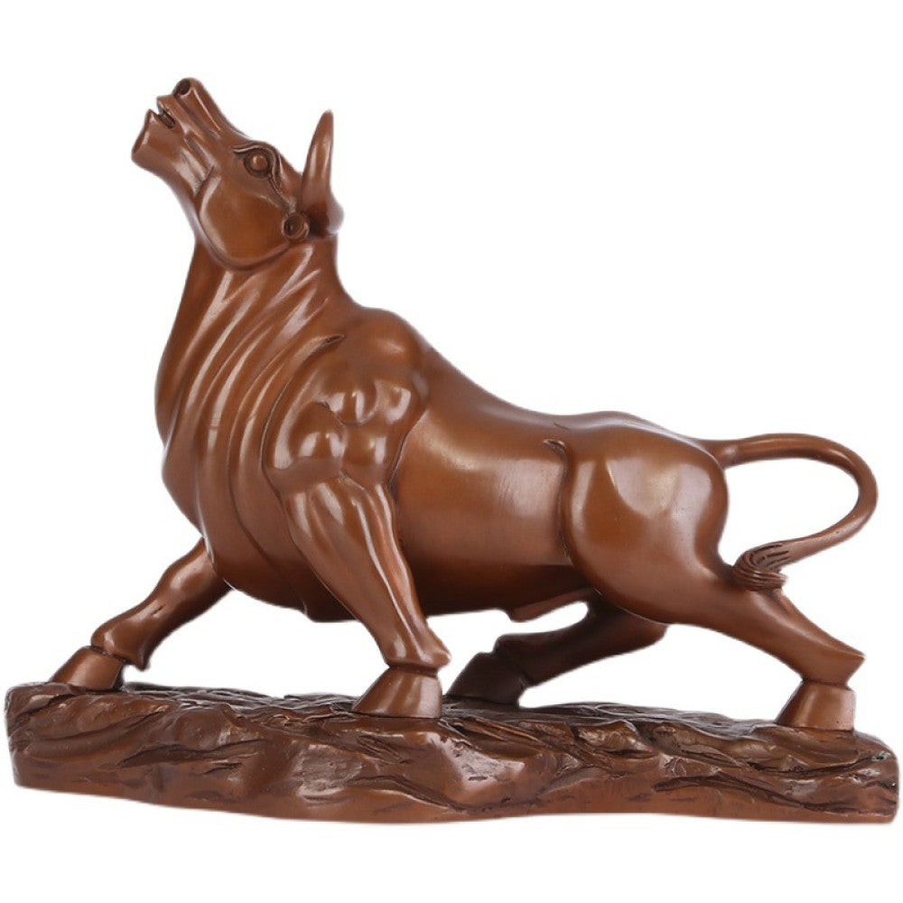 Bronze bull statue with a powerful stance, a Feng Shui symbol of strength and good fortune, displayed as elegant home decor against a textured background 04