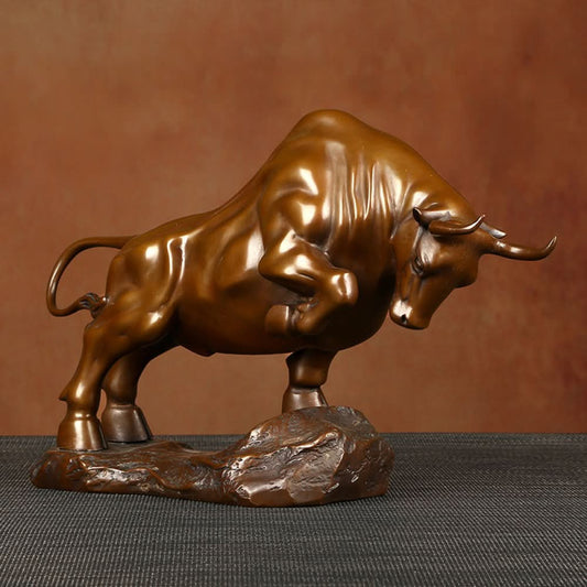 Bronze bull statue with a powerful stance, a Feng Shui symbol of strength and good fortune, displayed as elegant home decor against a textured background 01