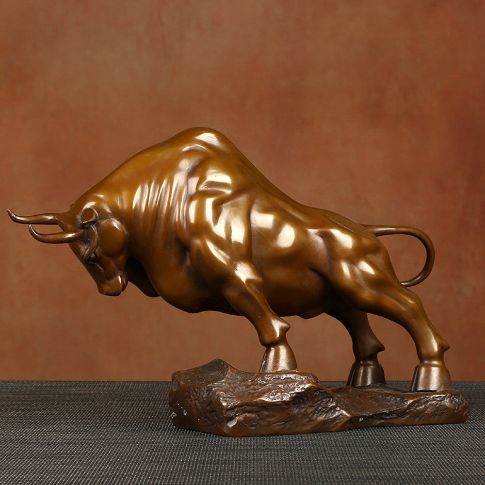 Bronze bull statue with a powerful stance, a Feng Shui symbol of strength and good fortune, displayed as elegant home decor against a textured background 02