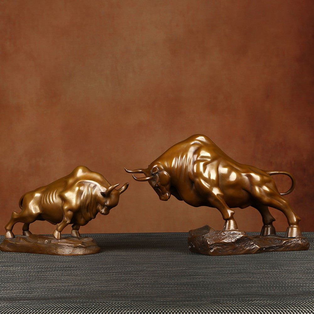 Bronze bull statue with a powerful stance, a Feng Shui symbol of strength and good fortune, displayed as elegant home decor against a textured background 03
