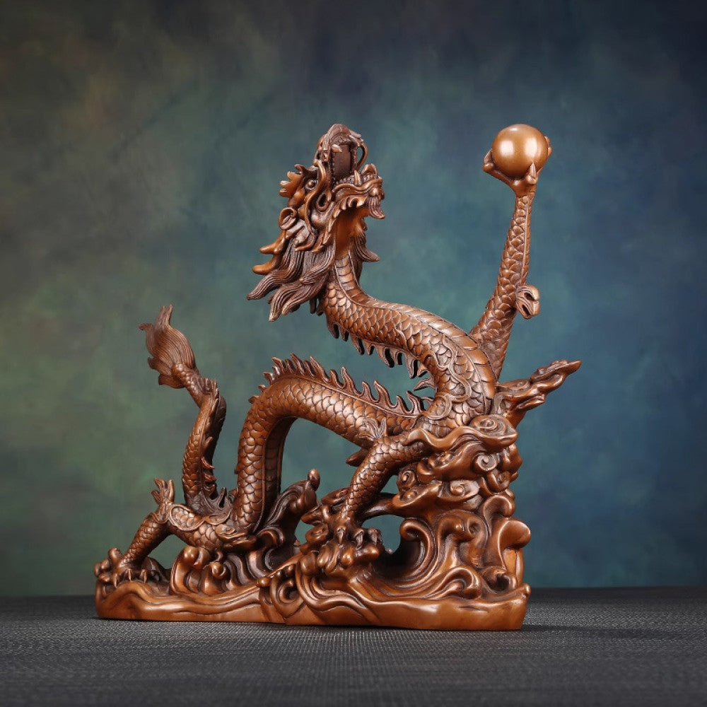 Intricate bronze Chinese dragon statue with detailed scales, a Feng Shui symbol of good fortune and strength, displayed as elegant home decor against a textured background 07