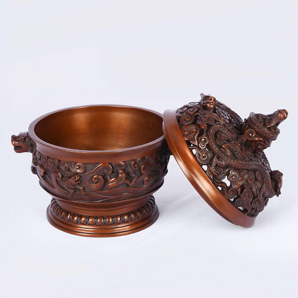 Intricate bronze Chinese incense burner with dragon-topped pierced lid, beast-head handles, and wave motifs, a Feng Shui symbol of wealth and protection, displayed as elegant home decor against a white background 05