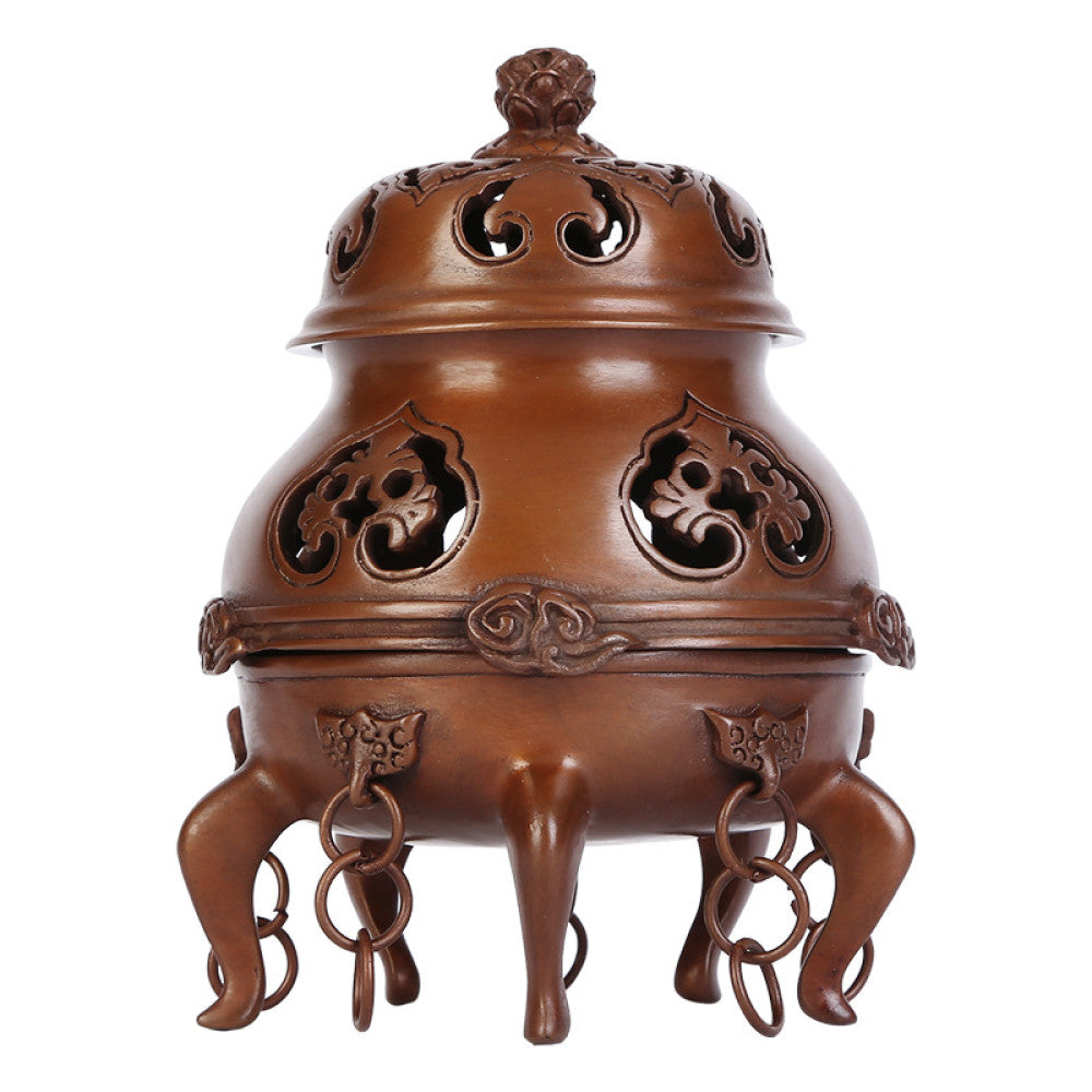 Intricate bronze Chinese incense burner with lotus-topped pierced lid, elaborate cloud carvings, and beast-shaped feet, emitting incense smoke, a Feng Shui symbol of wealth and harmony, displayed as a sophisticated home decor piece against a textured teal background 03