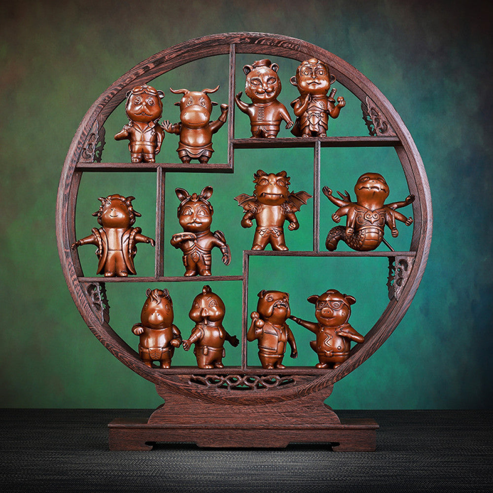 Intricate bronze Chinese zodiac statues set in a circular display, Feng Shui symbols of good fortune, displayed as elegant home decor against a textured background