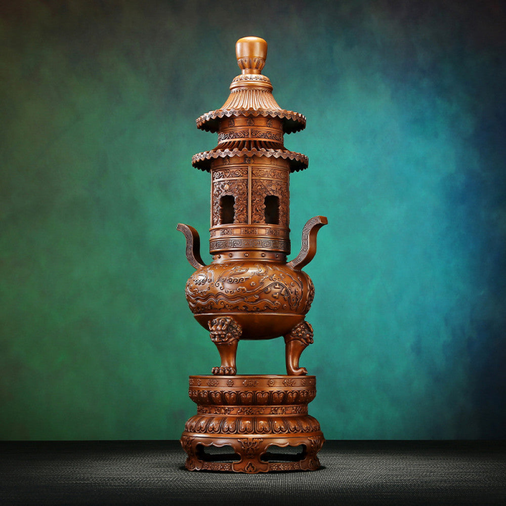 Intricate bronze multi-tiered Chinese incense burner with pagoda-style design, lion-shaped feet, and elaborate carvings, a Feng Shui symbol of wealth and elegance, displayed as a statement home decor piece against a textured teal background 01