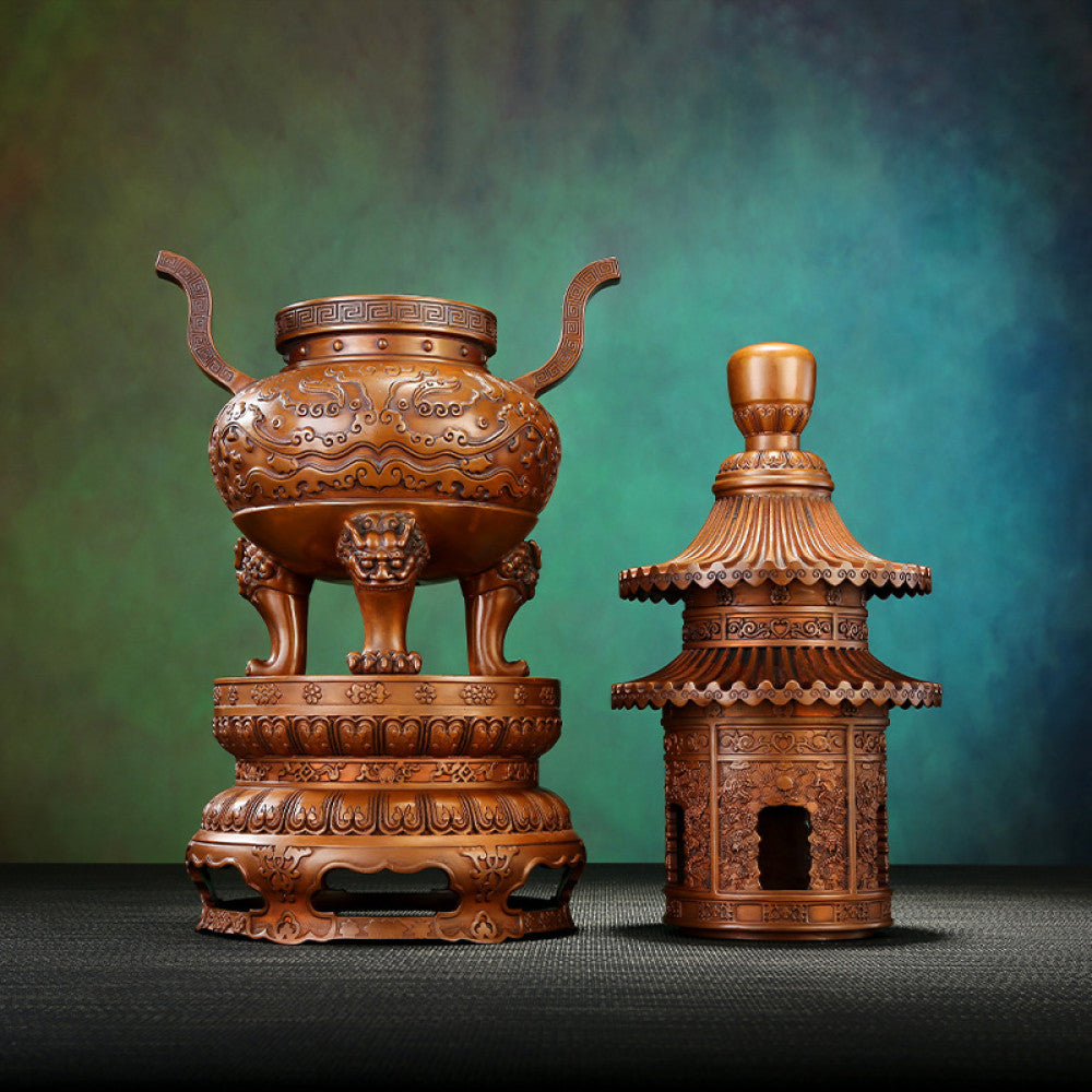 Intricate bronze multi-tiered Chinese incense burner with pagoda-style design, lion-shaped feet, and elaborate carvings, a Feng Shui symbol of wealth and elegance, displayed as a statement home decor piece against a textured teal background 03