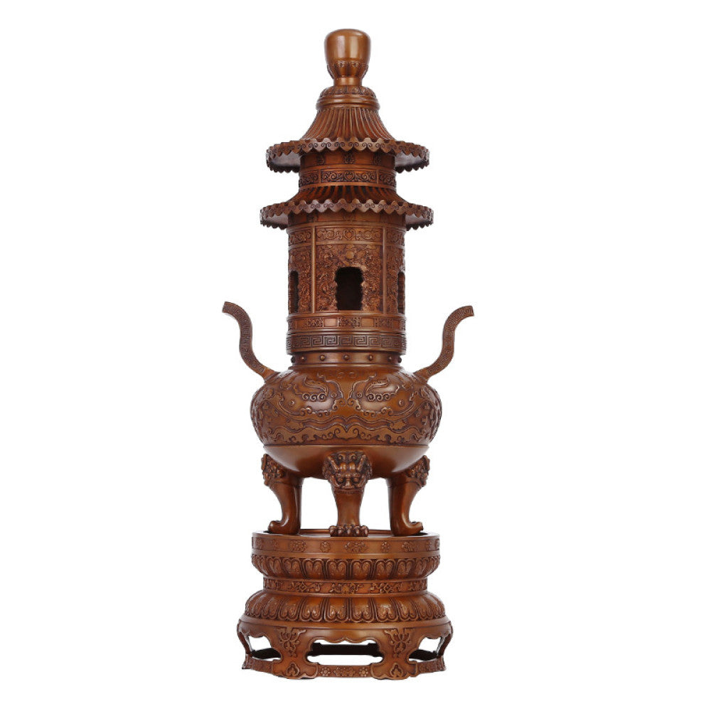Intricate bronze multi-tiered Chinese incense burner with pagoda-style design, lion-shaped feet, and elaborate carvings, a Feng Shui symbol of wealth and elegance, displayed as a statement home decor piece against a textured teal background 05