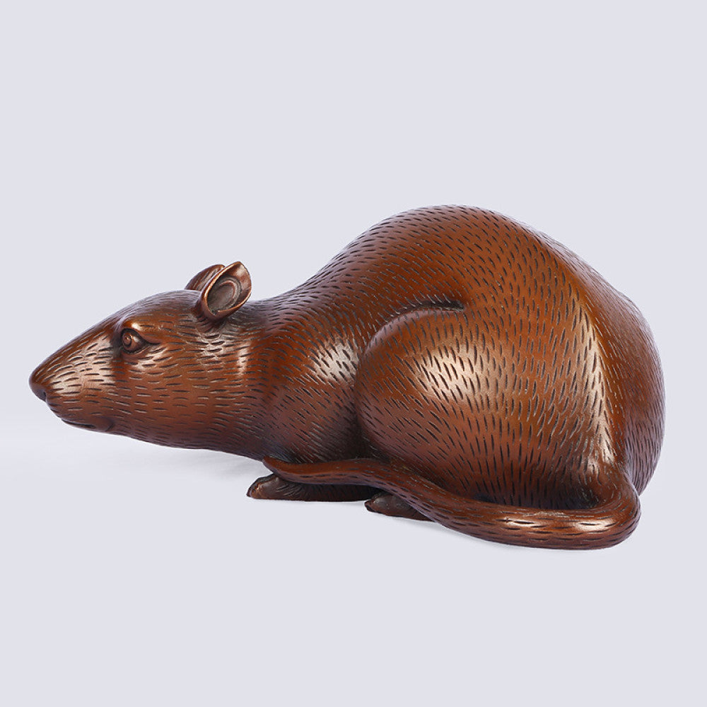 Bronze rat statue with realistic texturing, serving as a home decor accent symbolizing good fortune, displayed against a light gray background