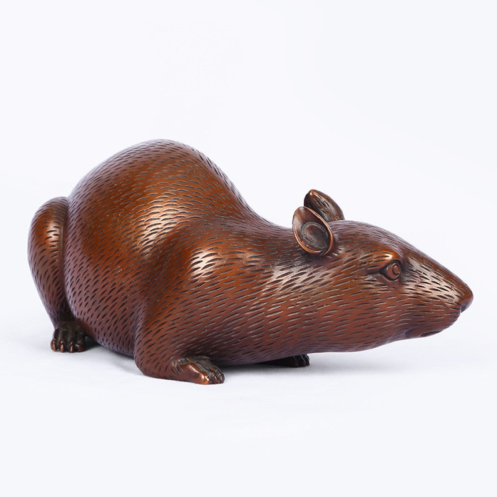 Bronze rat statue with realistic texturing, serving as a home decor accent symbolizing good fortune, displayed against a light gray background 02