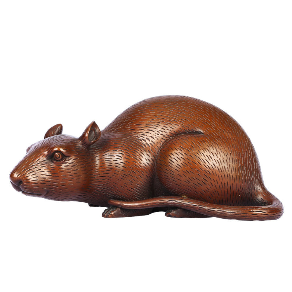 Bronze rat statue with realistic texturing, serving as a home decor accent symbolizing good fortune, displayed against a light gray background 05