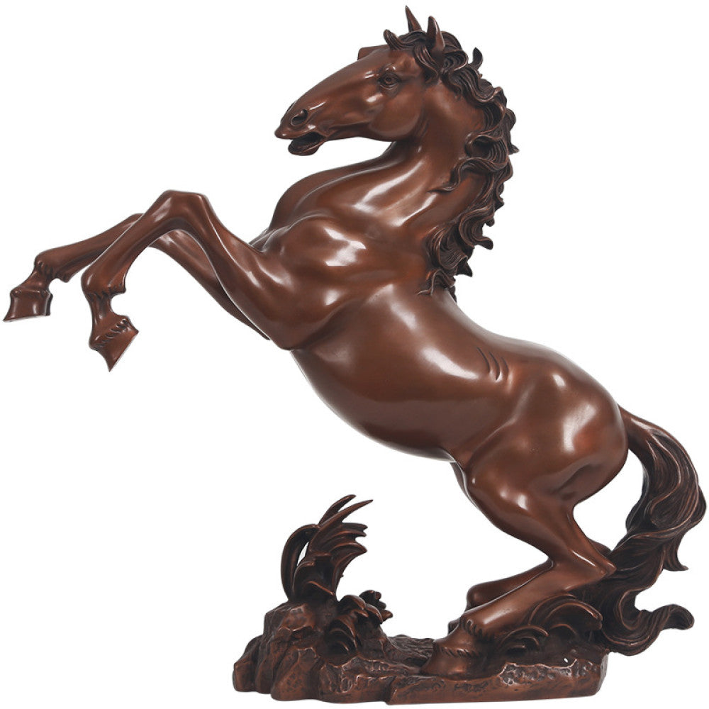 Bronze rearing horse statue with intricate details, symbolizing success and strength, displayed as elegant home decor on a wooden surface against a brown background 02