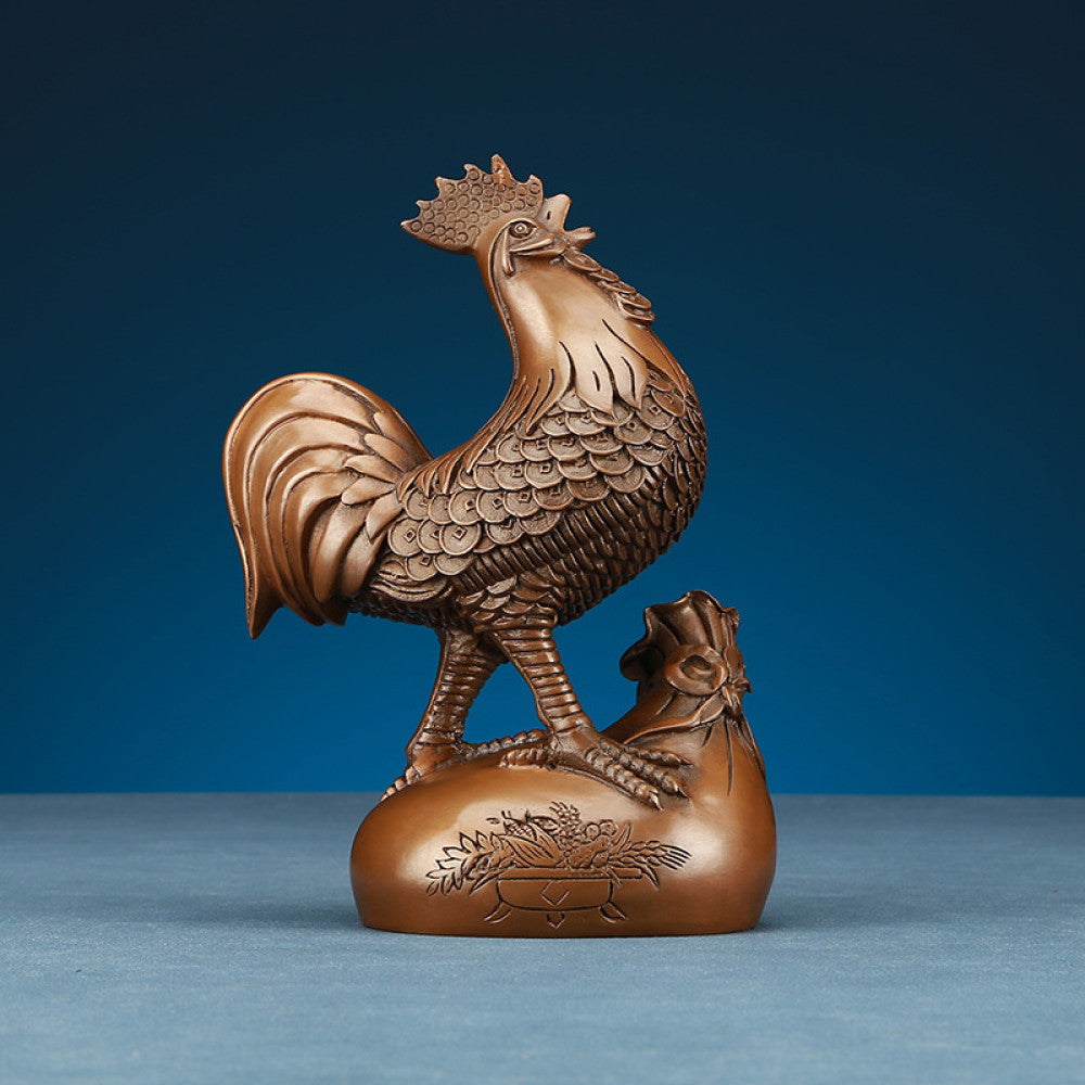 Intricate bronze rooster statue, a Feng Shui symbol of good fortune, displayed as elegant home decor against a blue background 02