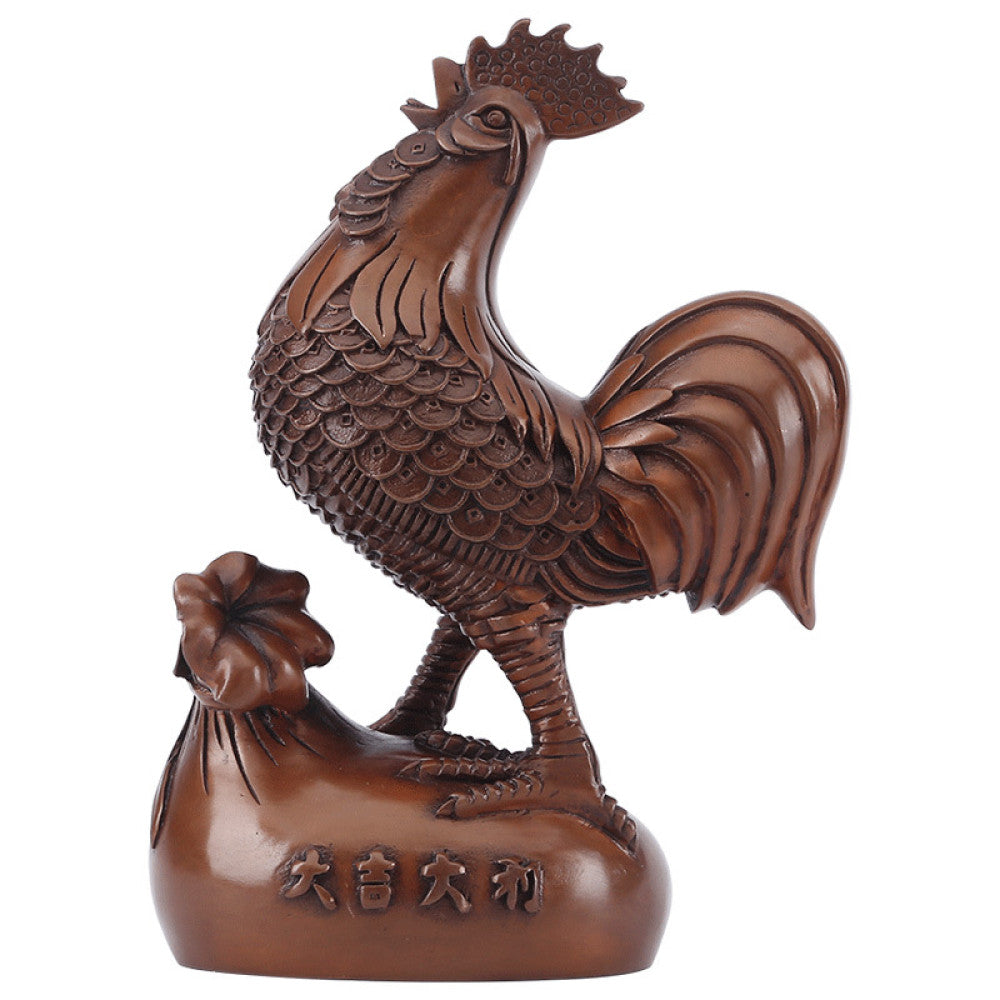 Intricate bronze rooster statue, a Feng Shui symbol of good fortune, displayed as elegant home decor against a blue background 03