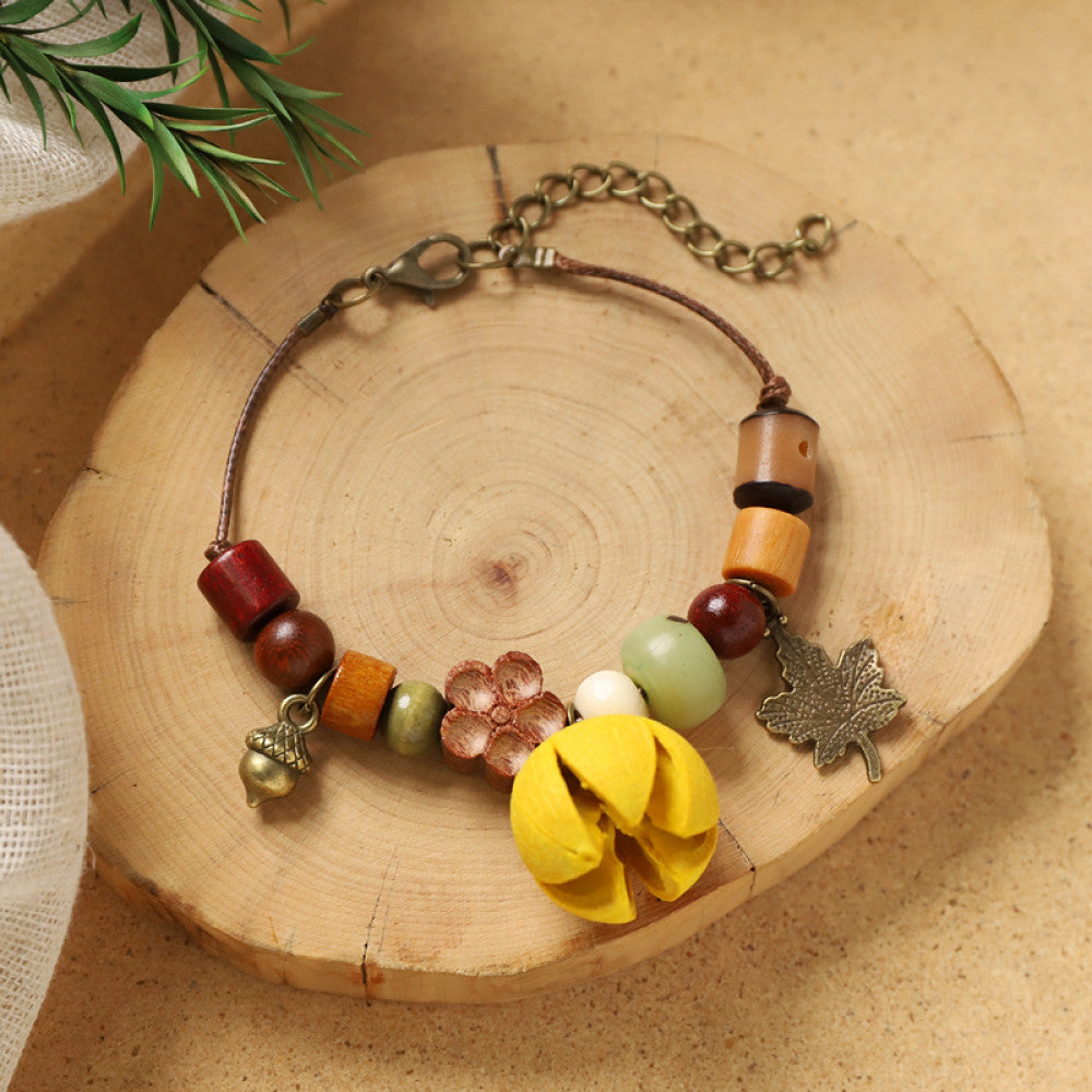 Multicolor beads with a wood tag, playful and eye-catching.