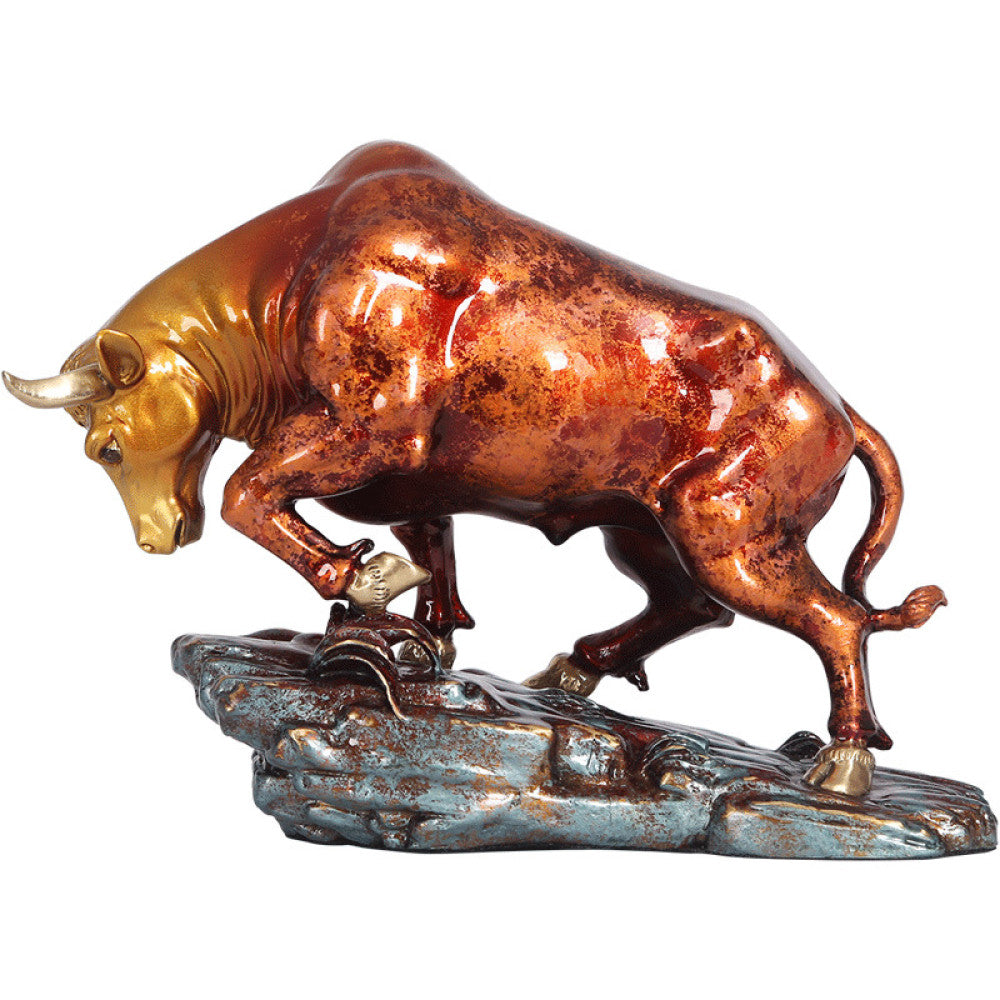 Colorful bull statue with golden accents, a Feng Shui symbol of strength and good fortune, displayed as elegant home decor against a dark background 03
