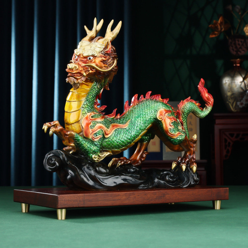 Colorful Chinese dragon statue with green, red, and gold details, a Feng Shui symbol of good fortune and strength, displayed on a wooden base as elegant home decor against a dark background 01