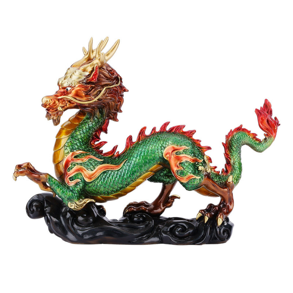 Colorful Chinese dragon statue with green, red, and gold details, a Feng Shui symbol of good fortune and strength, displayed on a wooden base as elegant home decor against a dark background 03