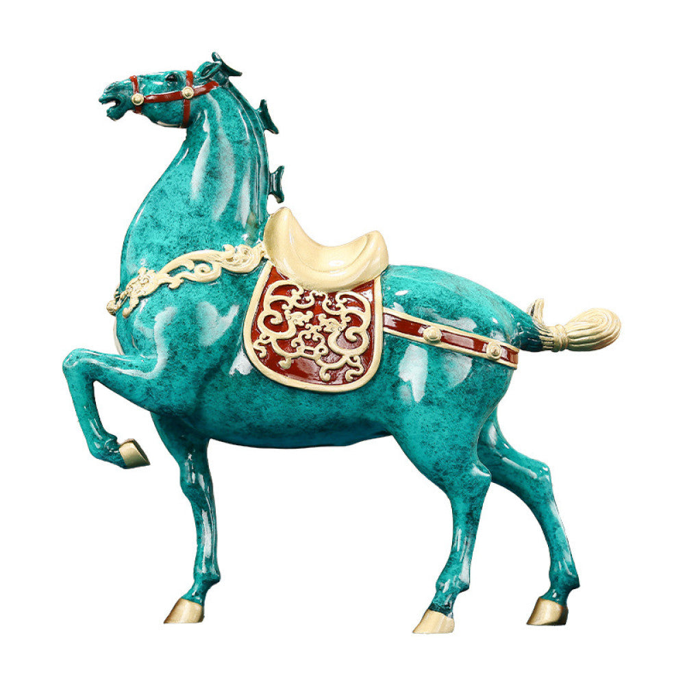 Colorful Chinese - style horse statue with golden accents and intricate patterns, a Feng Shui symbol of good fortune and success, displayed as elegant home decor against a red background 04