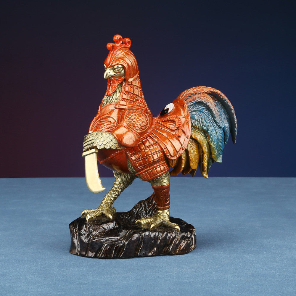 Colorful rooster warrior statue with intricate details, a Feng Shui symbol of good fortune, displayed as unique home decor against a blue background