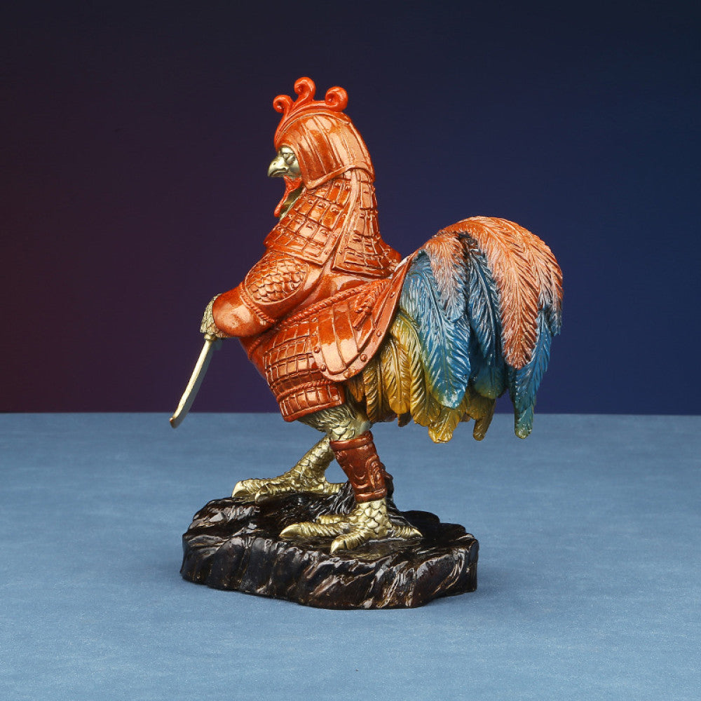 Colorful rooster warrior statue with intricate details, a Feng Shui symbol of good fortune, displayed as unique home decor against a blue background 01