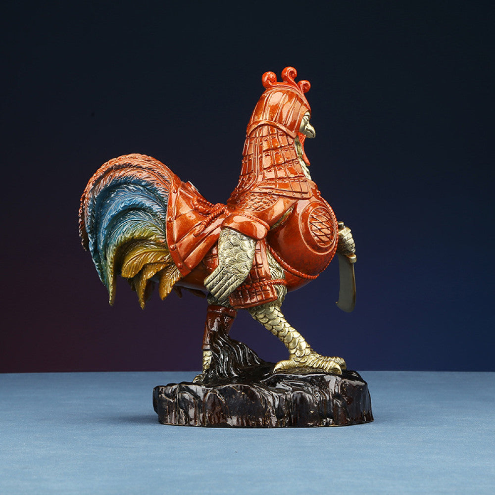 Colorful rooster warrior statue with intricate details, a Feng Shui symbol of good fortune, displayed as unique home decor against a blue background 02
