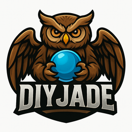 This is a striking, bold brown owl with outstretched wings and a confident demeanor, firmly holding a bright blue sphere in its talons; paired with the metallic-looking "DIYJADE" lettering, suitable for various visual identity display scenarios.