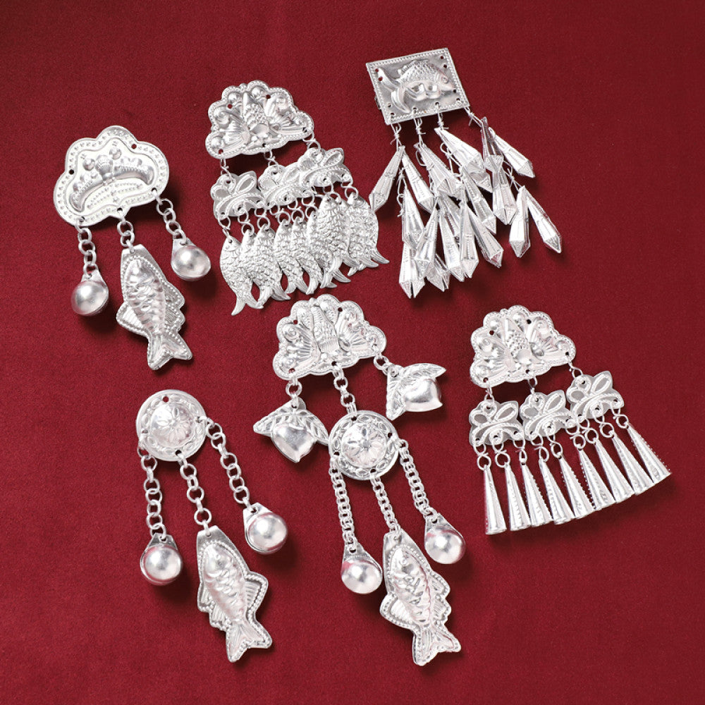 ethnic 6-piece silver-tone decorative ornament set featuring butterfly, lotus details, plus fish-shaped and pearl tassel pendants 04