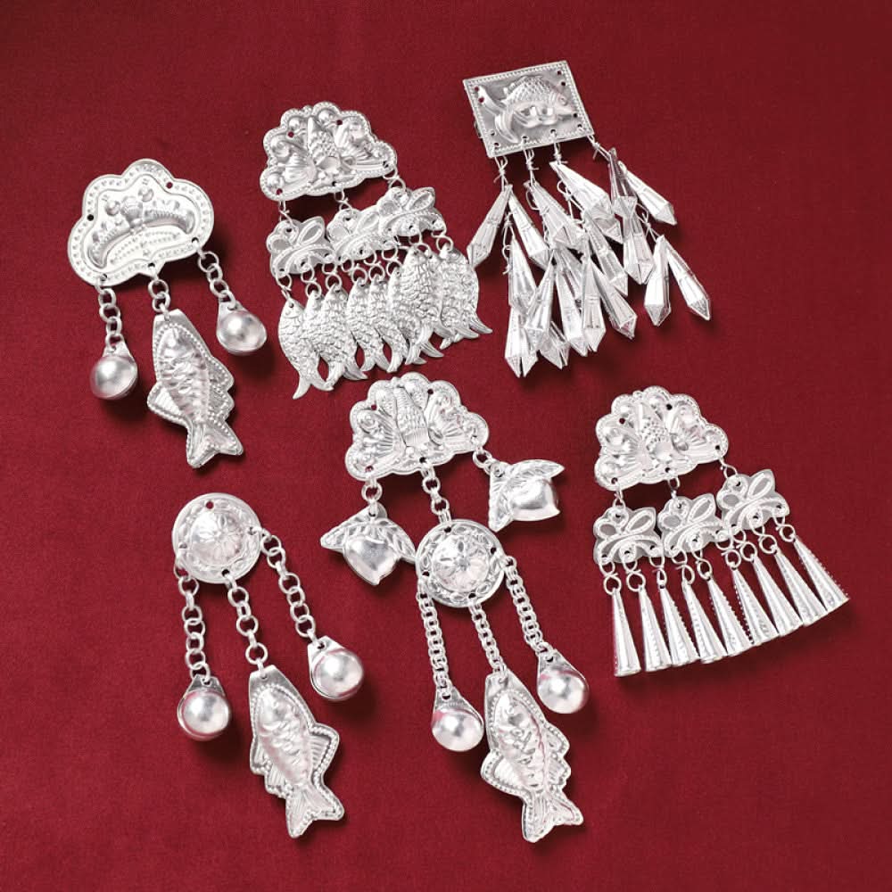 ethnic 6-piece silver-tone decorative ornament set featuring butterfly, lotus details, plus fish-shaped and pearl tassel pendants 04