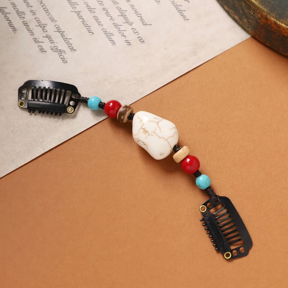 Boho vintage ethnic double hair comb ornament featuring an evil eye decorative bead, red/yellow beads, and black hair combs 02