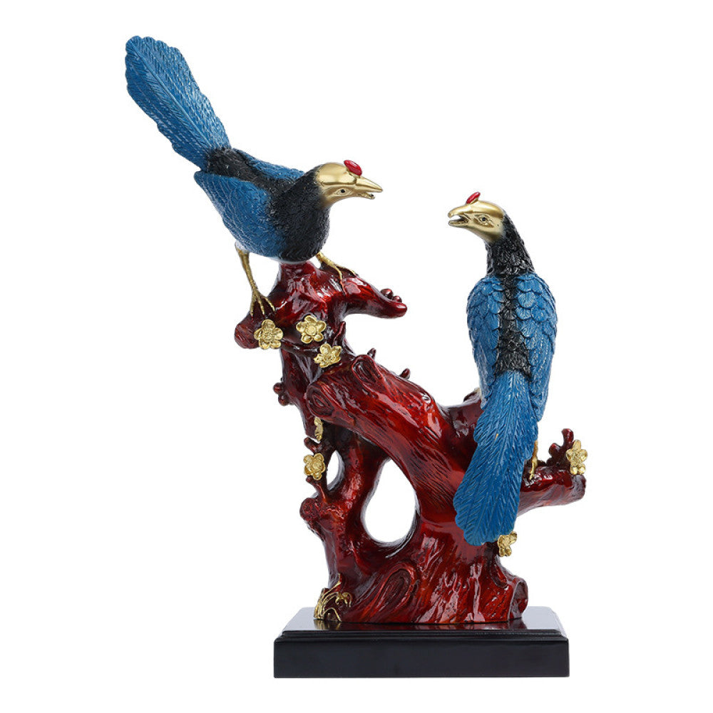 Two colorful birds statue with intricate details, placed on a red branch - shaped base, set against a traditional Chinese octagonal window and red background (with a folding fan), ideal for feng shui home decor 02