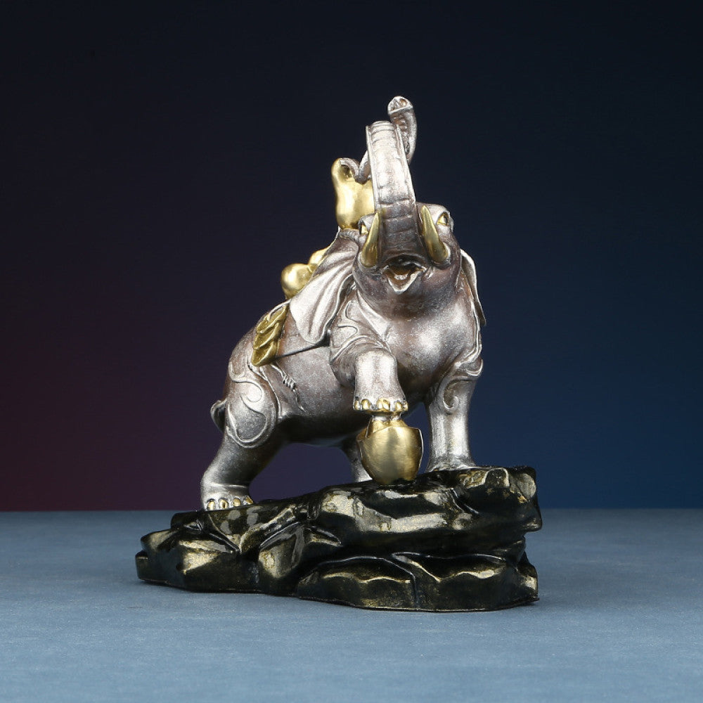 Feng Shui elephant statue with gourd and golden ingot, a symbol of prosperity and good luck, positioned on a rocky base against a white background 02