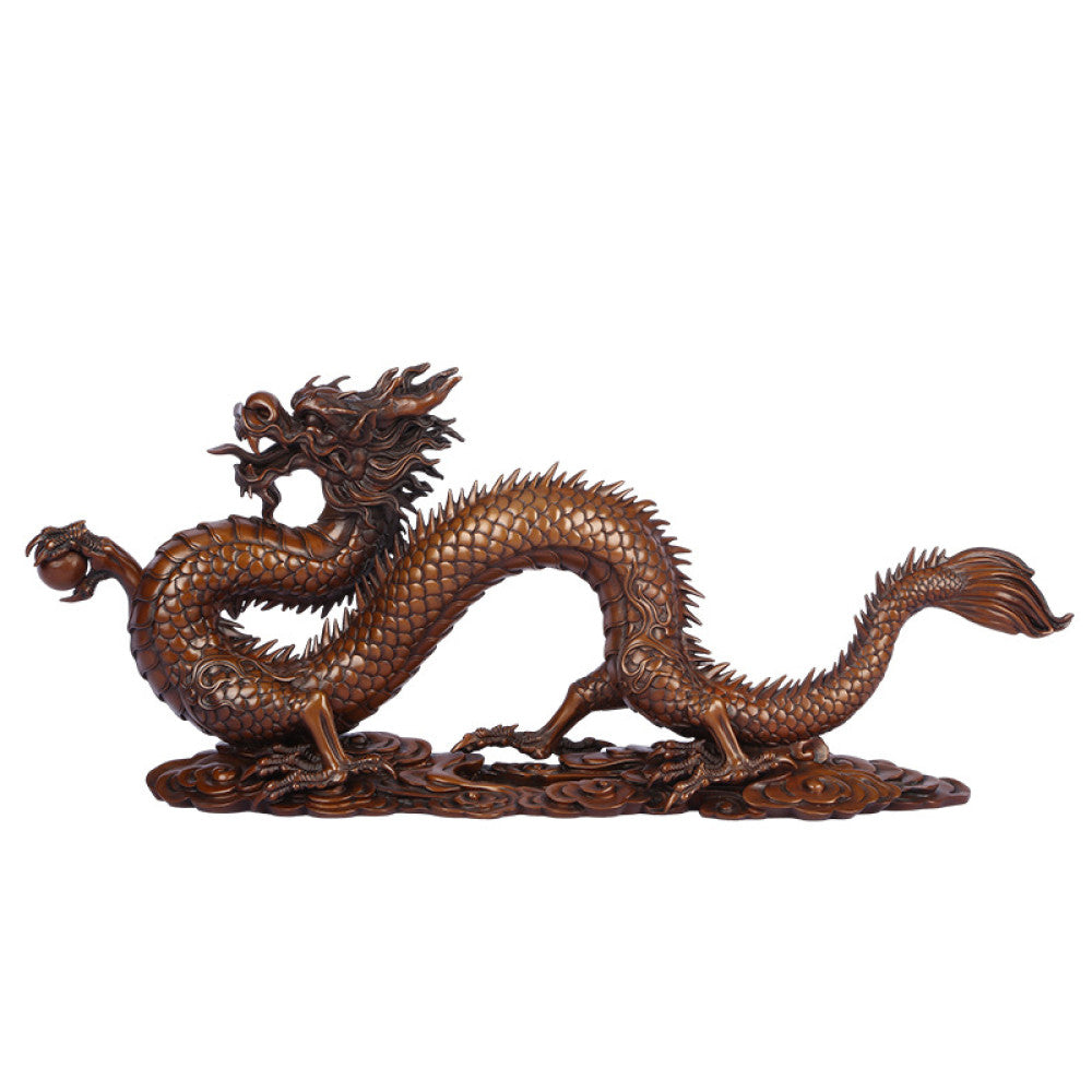 Bronze Chinese dragon statue with intricate scale details, a Feng Shui symbol of good fortune and strength, displayed as elegant home decor against a light background 06