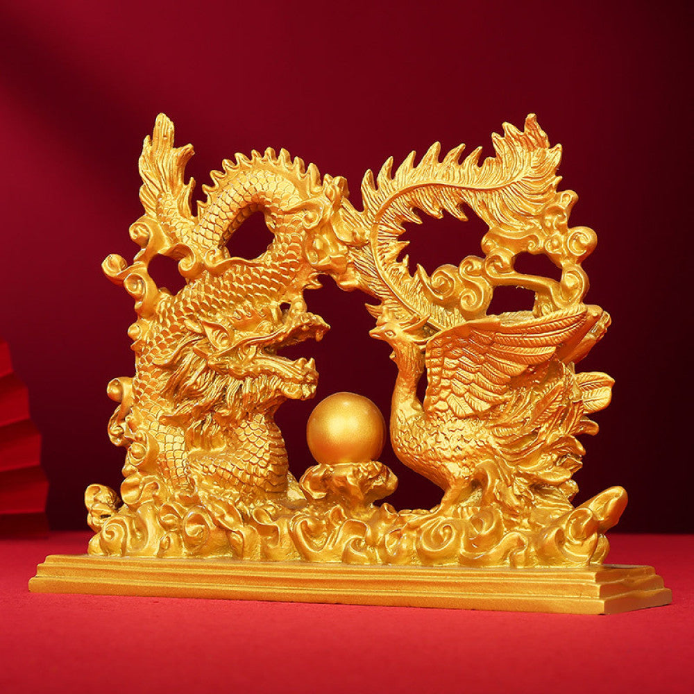 Golden dragon and phoenix statue with a central pearl, a Feng Shui symbol of harmony and good fortune, designed as elegant home decor against a red background 01