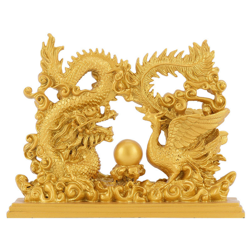 Golden dragon and phoenix statue with a central pearl, a Feng Shui symbol of harmony and good fortune, designed as elegant home decor against a red background 02