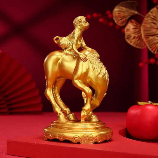 Golden monkey riding horse statue, a Feng Shui symbol of career success and good fortune, displayed as elegant home decor on a red background with traditional elements 01
