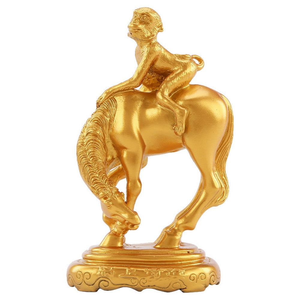Golden monkey riding horse statue, a Feng Shui symbol of career success and good fortune, displayed as elegant home decor on a red background with traditional elements 02