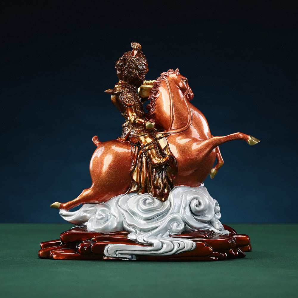 Golden monkey riding a horse statue with intricate details, a Feng Shui symbol of good fortune and career success, displayed as elegant home decor against a traditional background 01
