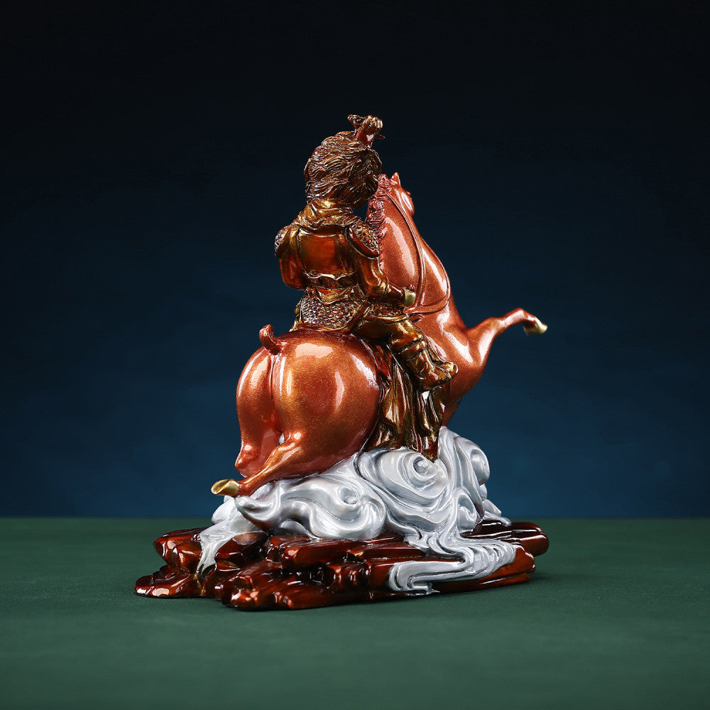 Golden monkey riding a horse statue with intricate details, a Feng Shui symbol of good fortune and career success, displayed as elegant home decor against a traditional background 02