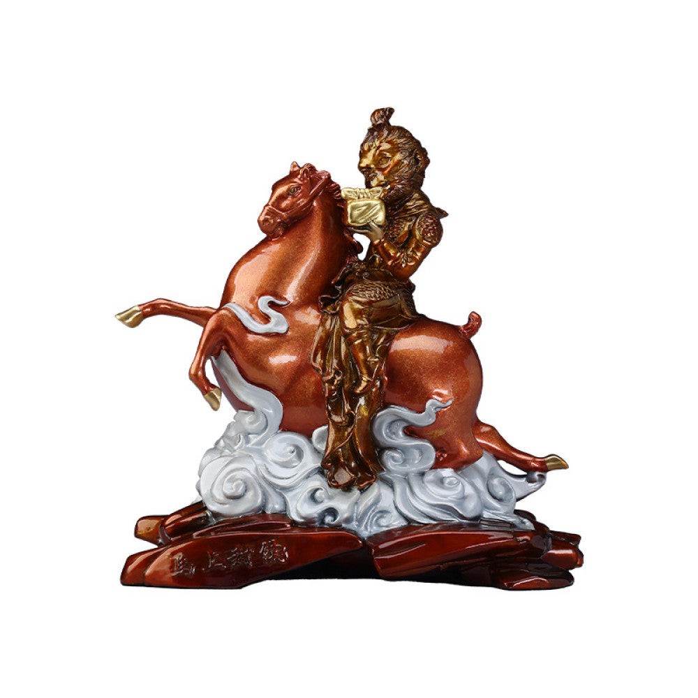 Golden monkey riding a horse statue with intricate details, a Feng Shui symbol of good fortune and career success, displayed as elegant home decor against a traditional background 03