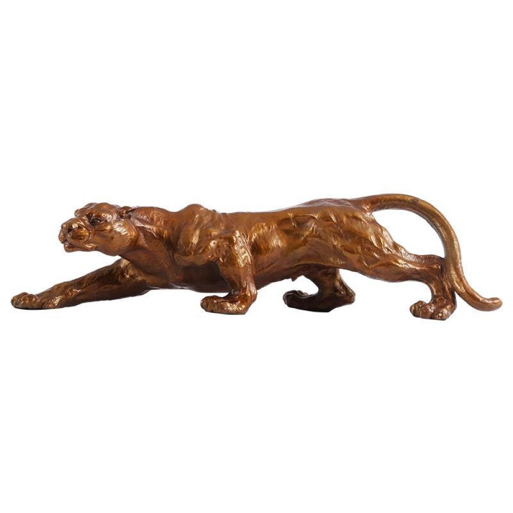 Golden panther statue with a dynamic running pose, featuring a metallic finish, ideal as an Art Deco home decor piece symbolizing strength and courage, displayed on a wooden surface against a gray background 04