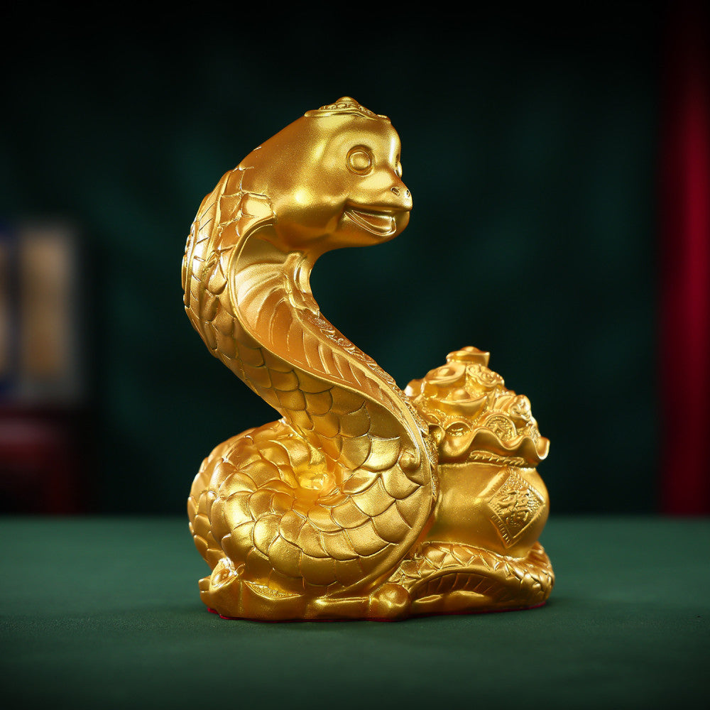 Golden snake statue coiled around a treasure pot, a Feng Shui symbol of good fortune, crafted as stylish home decor against a dark green background 01