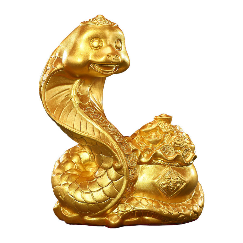 Golden snake statue coiled around a treasure pot, a Feng Shui symbol of good fortune, crafted as stylish home decor against a dark green background 04