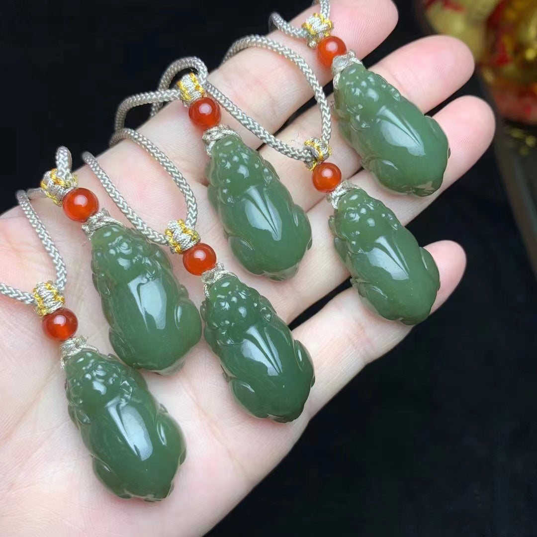 Green jade Pixiu pendants, red agate accents