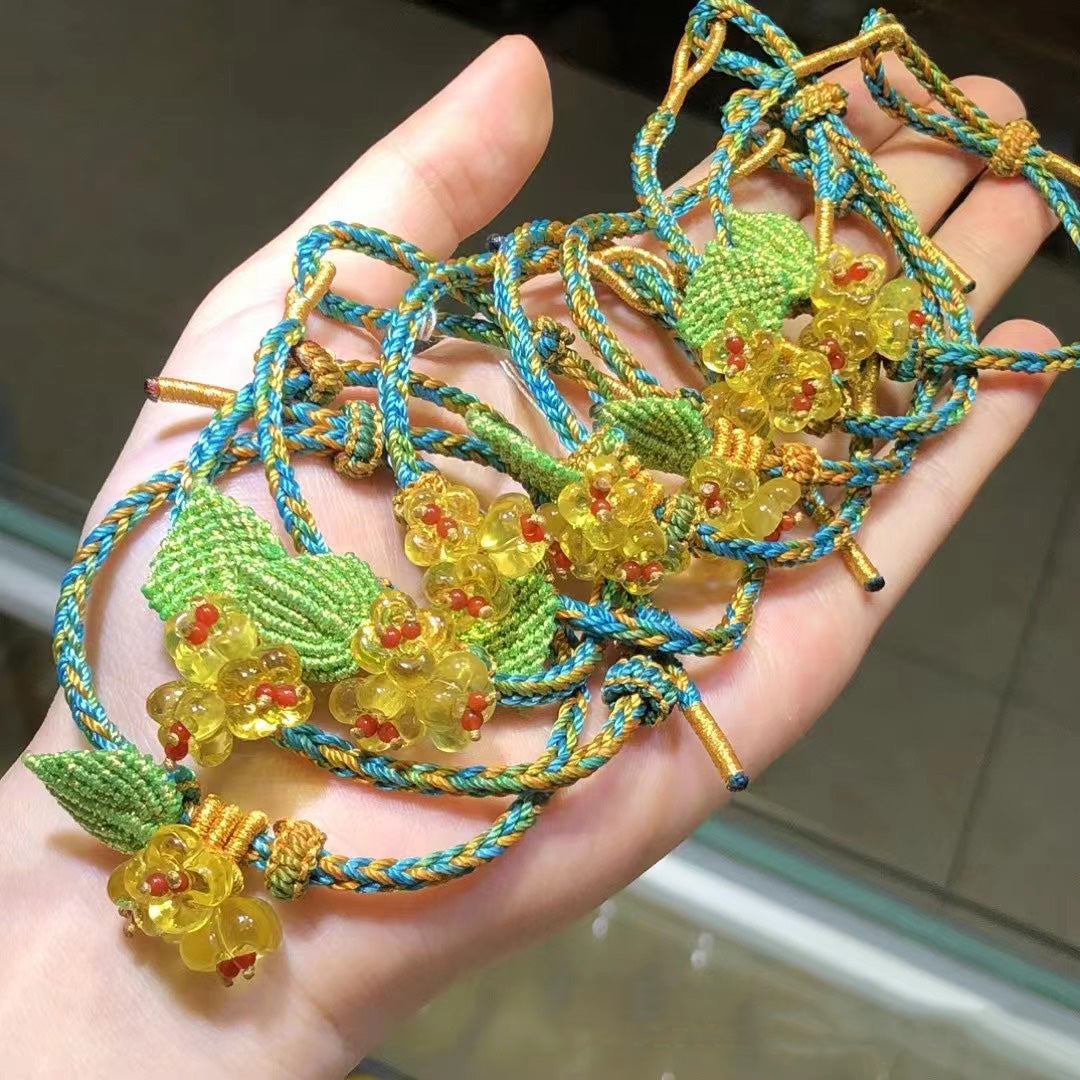 Braided bracelet, yellow bead flower green leaf bracelet 01