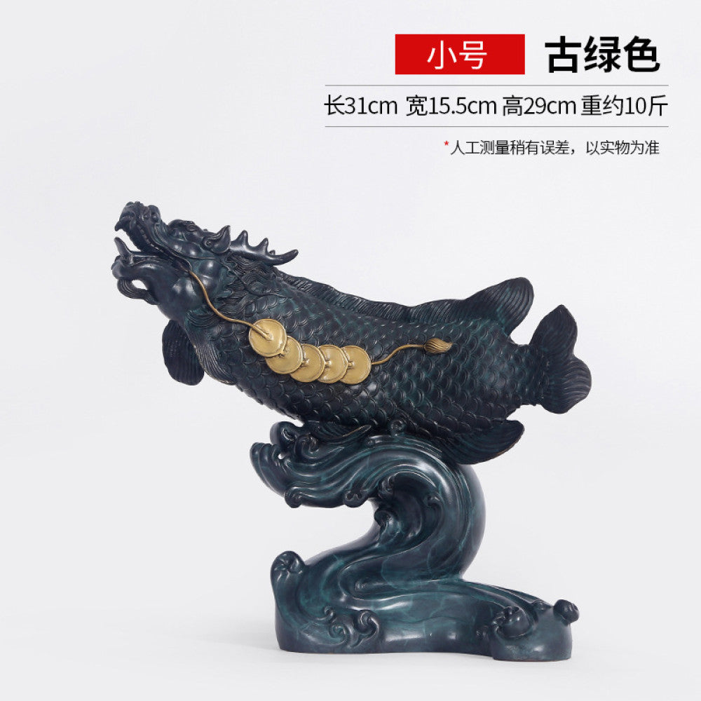 Large traditional Chinese verdigris dragon fish sculpture adorned with lucky coins, placed on a wave - shaped base against a white background 01