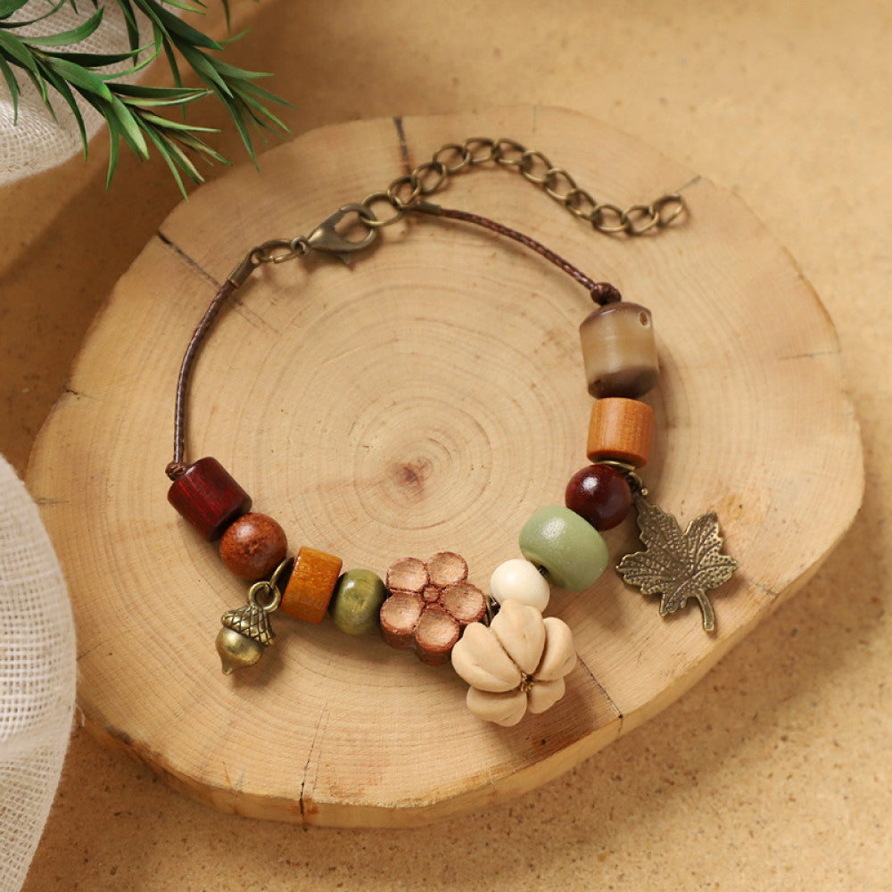 Multiple wooden pendants, rich natural texture.